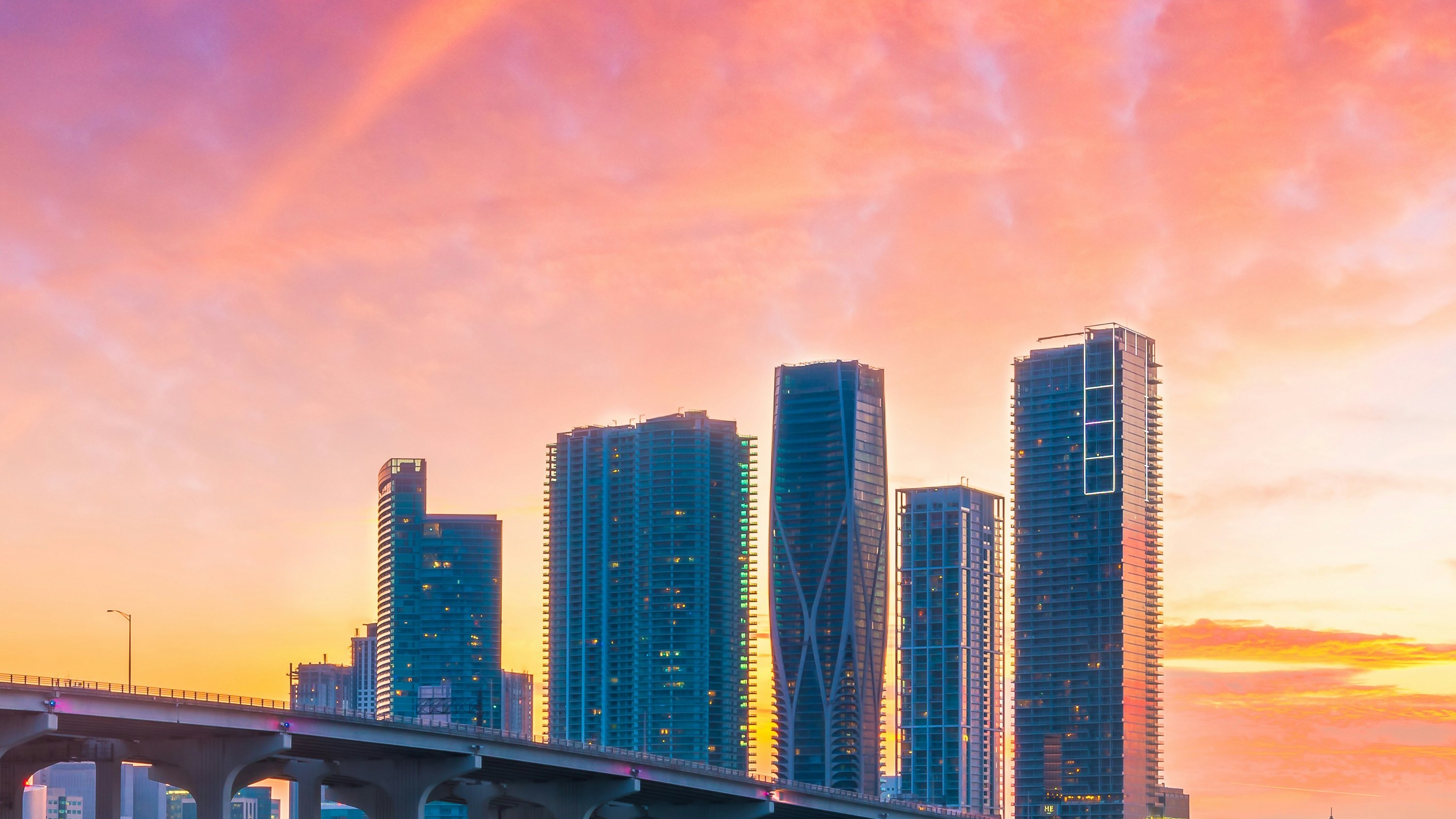 Miami skyline at sunset over the MacArthur Causeway